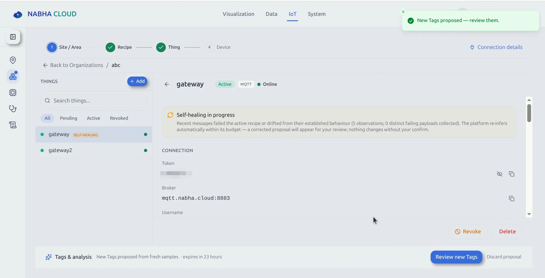 Nabha device management screen showing a gateway Thing that is Active, MQTT and Online, with a self-healing notice explaining that the platform re-infers tags automatically and proposes a correction for review.